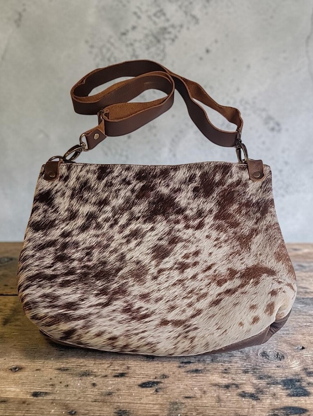 Raleigh Leather Cowhide Crossbody Bag Hair On Hide Brown Cream Leather Western